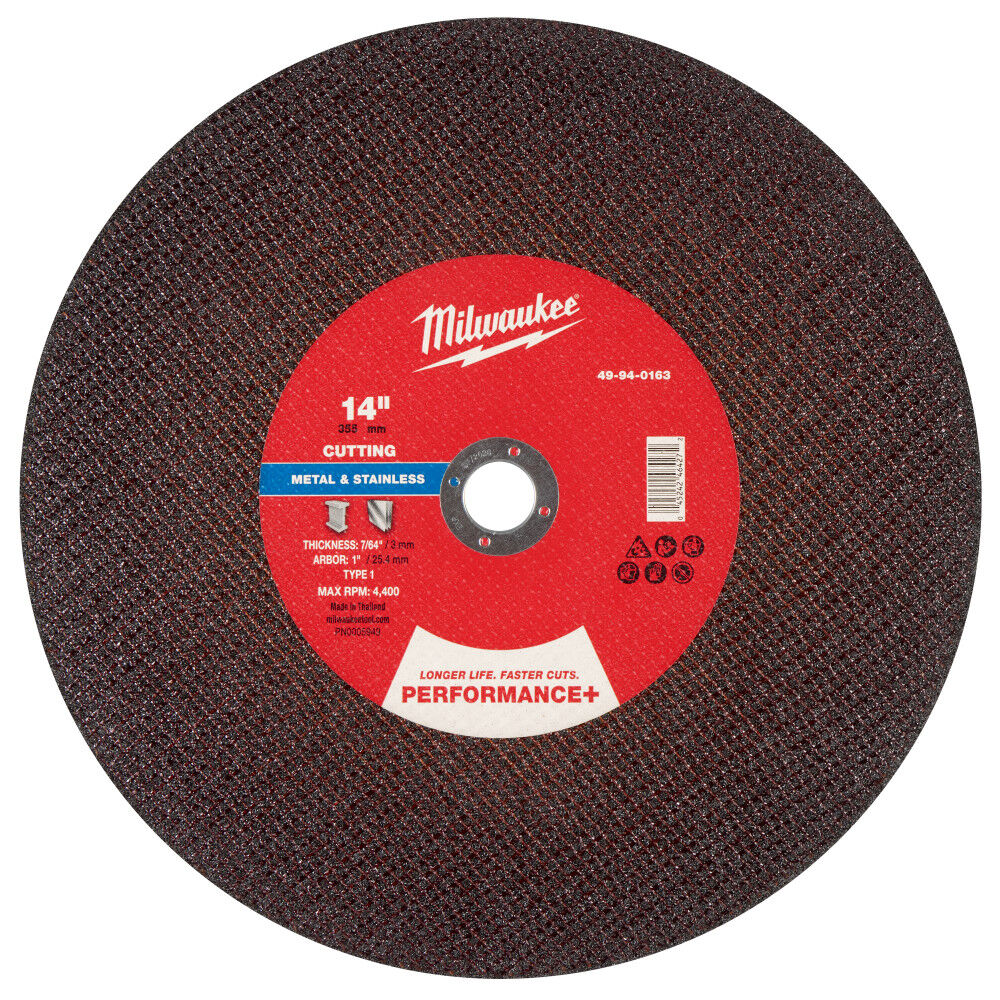 Milwaukee 14 Inch x 7/64 Inch x 1 Inch Performance+ Metal Cut Off Wheel Type 1, large image number 1