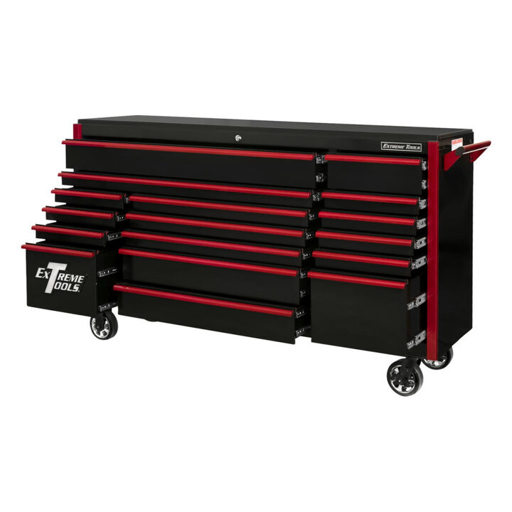 Extreme Tools 72in Black Roller Cabinet with Red Drawer Pulls, large image number 1