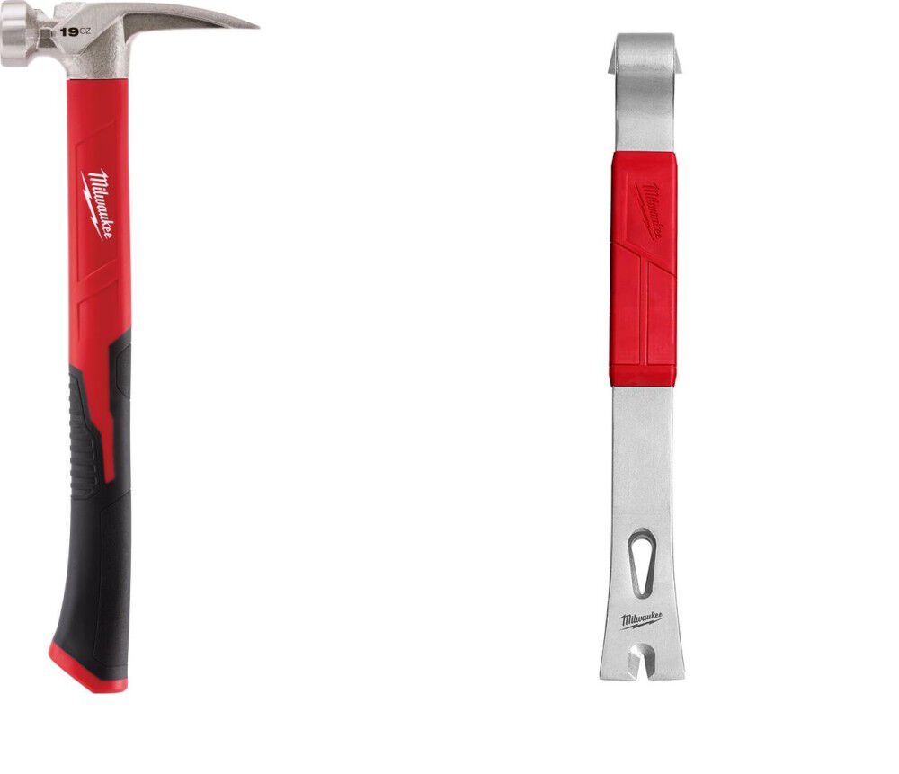 Milwaukee 15inch Pry Bar 19oz Smooth Face Hammer Bundle 48 22