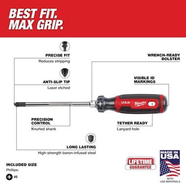 Milwaukee #3 Phillips 6inch Cushion Grip Screwdriver (USA), large image number 2