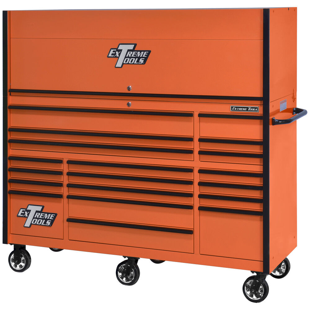 Extreme Tools RX Series 72 Inch W x 25 Inch D Professional Extreme Power Workstation Hutch & 19 Drawer Roller Cabinet 150 lbs Slides Combo Orange with Black Drawer Pulls, large image number 1