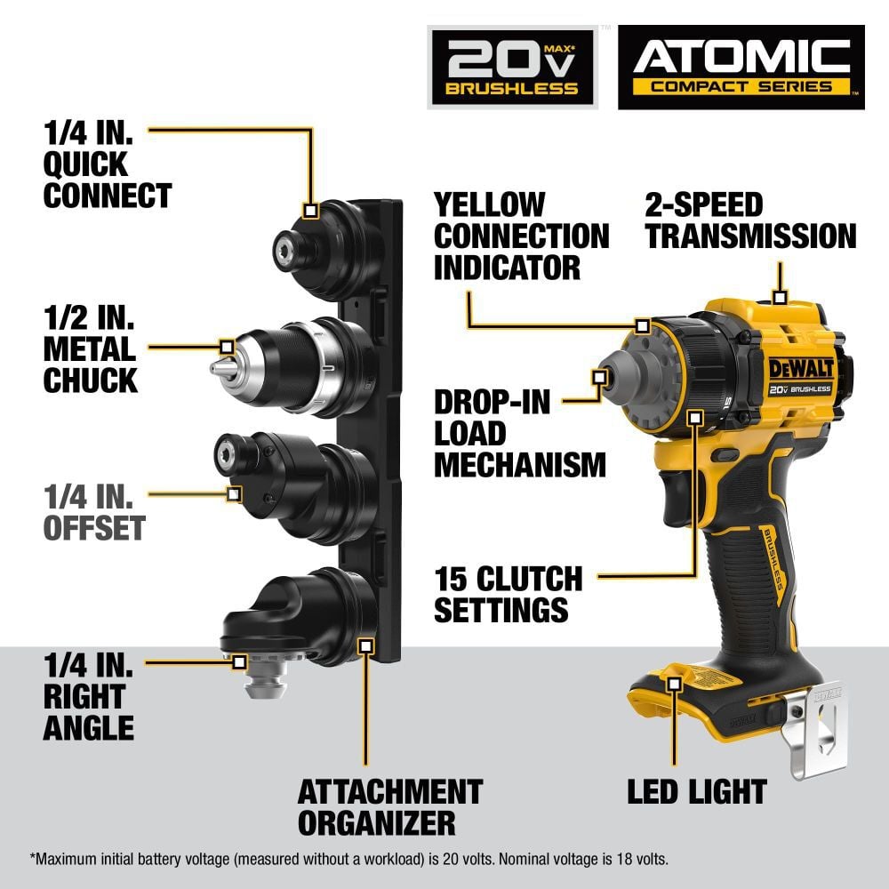DEWALT ATOMIC 20V MAX Multi-Head Drill Driver (Bare Tool) & Key Ring Bit Holder Set Bundle, large image number 5