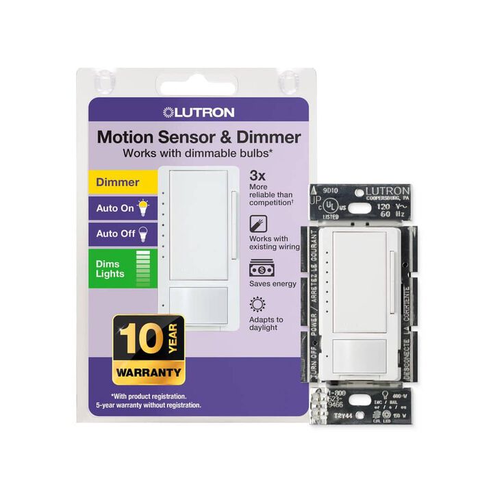 Lutron Maestro LED+ 120V 150W Gloss White Motion Sensor & Dimmer Switch, large image number 1