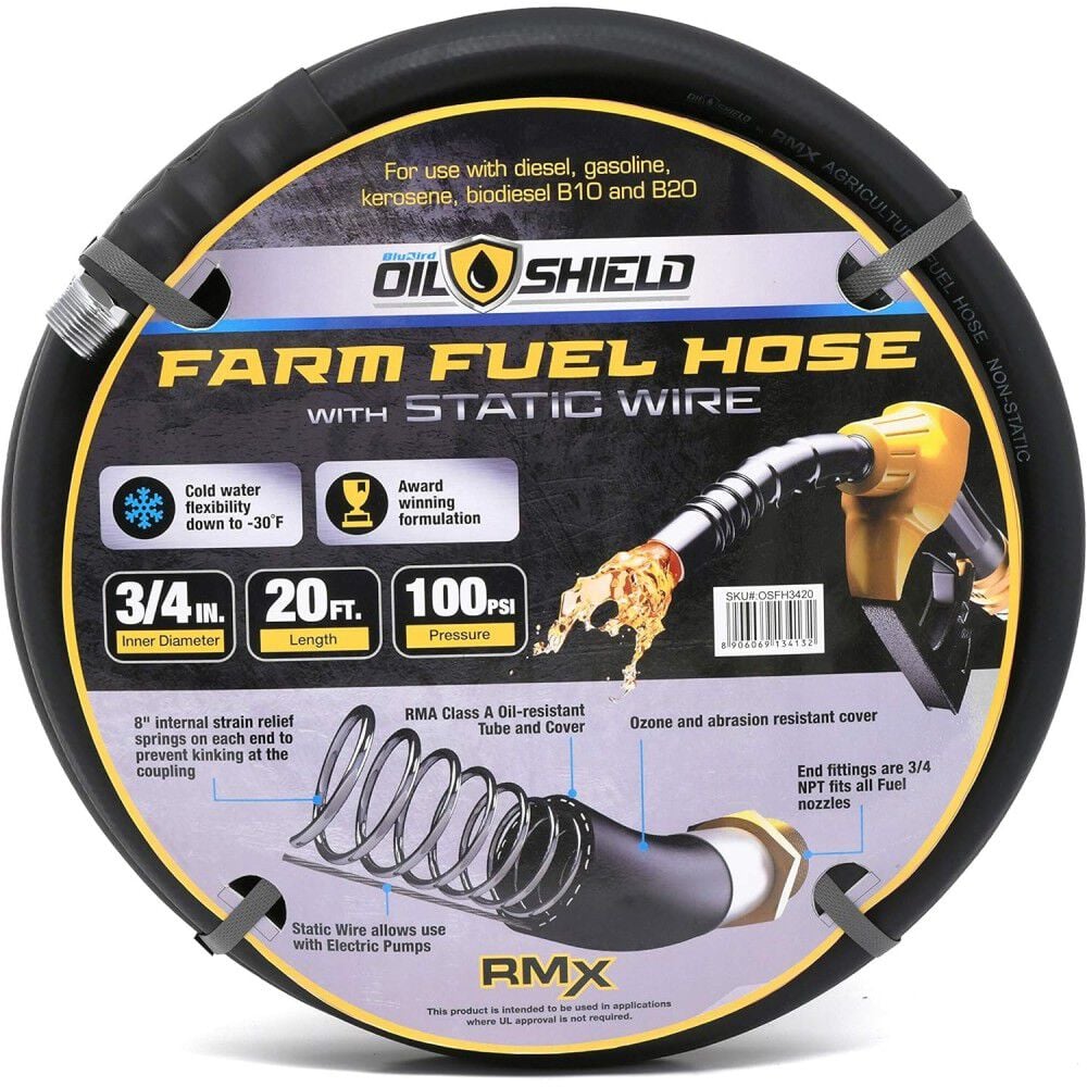 BluBird OilShield 3/4 Inch x 20 Ft. Rubber Farm Fuel Transfer Hose with Wire – OSFH3420