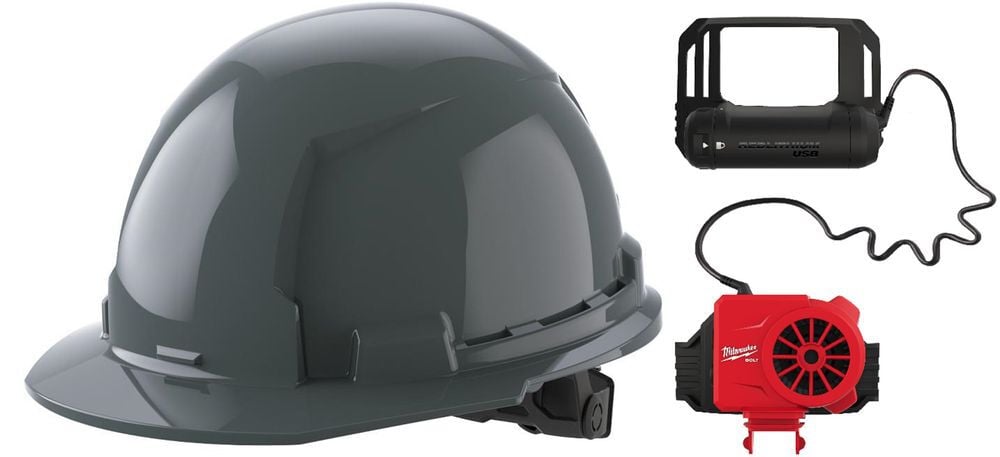 Milwaukee Gray Front Brim Hard Hat with 6pt Ratcheting Suspension Type 1 Class E & BOLT USB Cooling Fan Bundle, large image number 1