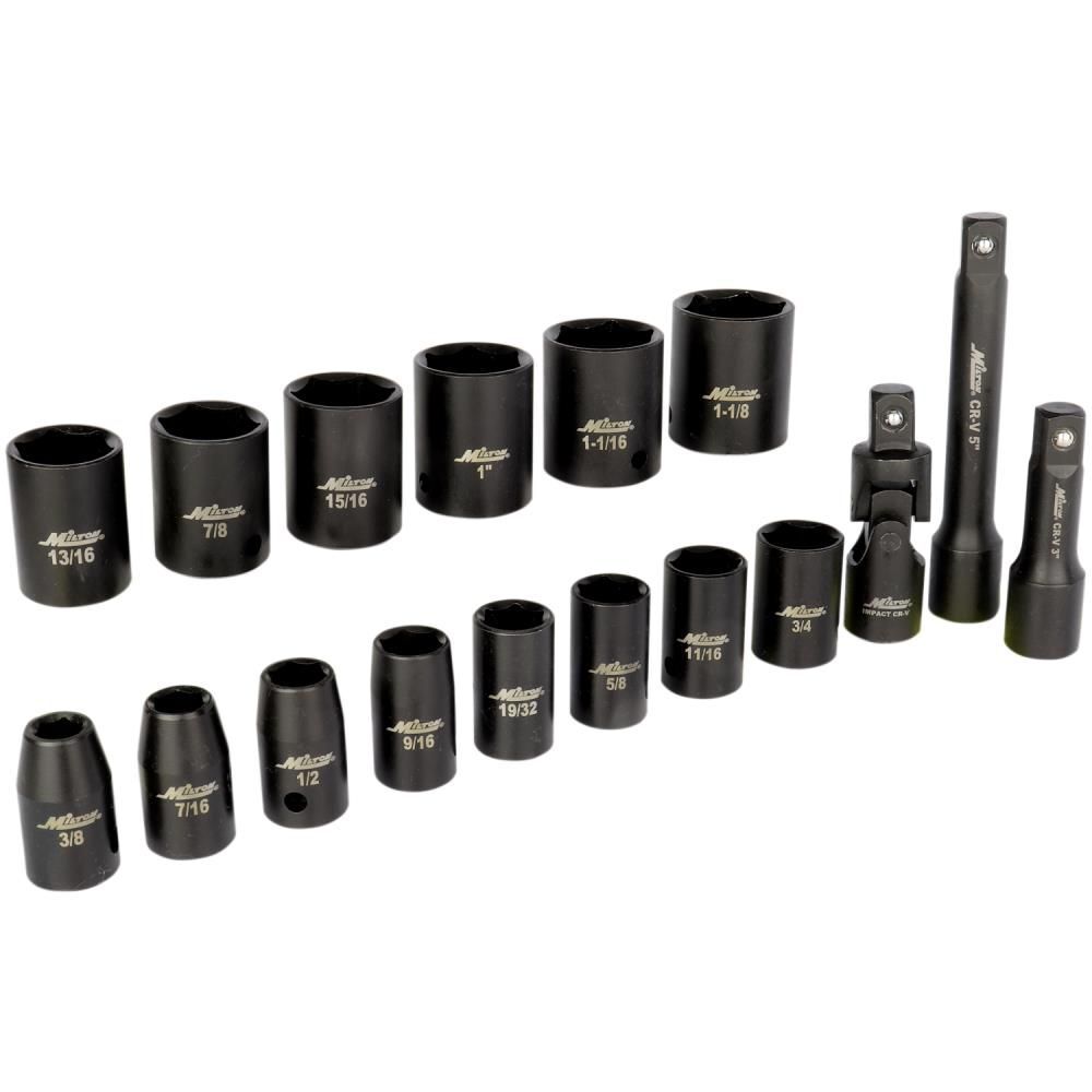 Milton 1/2 Inch Drive Shallow 6-Point Impact Socket Set 3/8 Inch-1-1/8 Inch SAE Steel Coated Black Oxide Finish with Universal Joint & Extension Bars 17 Piece, large image number 4