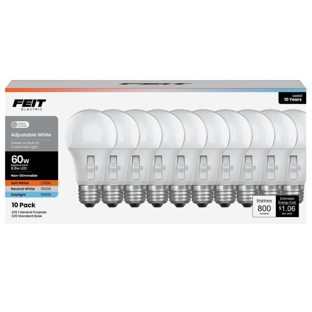 Feit Electric 8.8W 800 Lumens E26 A19 Adjustable LED Light Bulb White 10 Pieces – 3018676