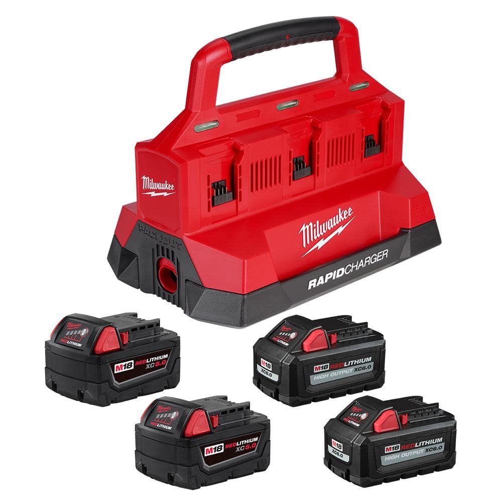 Milwaukee M18 PACKOUT Six Bay Rapid Charger Kit with Two M18 HIGH OUTPUT XC6.0 and Two M18 REDLITHIUM XC5.0 - 48-59-1865POC