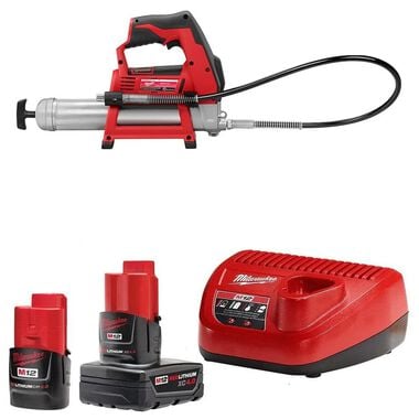 Milwaukee M12 Cordless Grease Gun-Bare, CP 2Ah & XC 4Ah Starter Kit Bundle