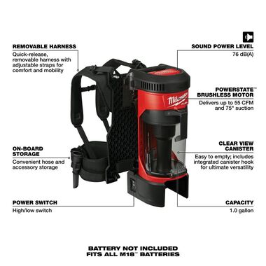 Milwaukee M18 FUEL 3-in-1 Backpack Vacuum (Bare Tool), large image number 6