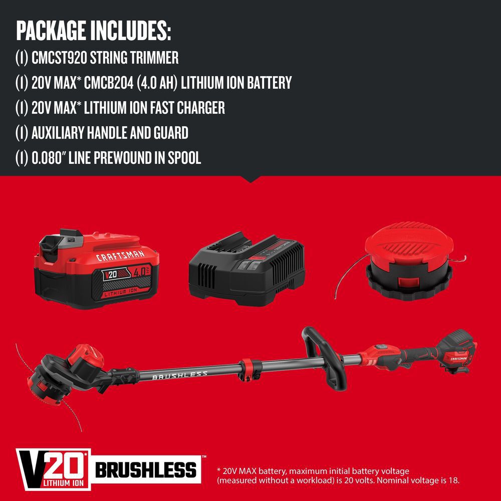 CRAFTSMAN V20 Brushless WEEDWACKER 13 Inch String Trimmer Kit, large image number 4