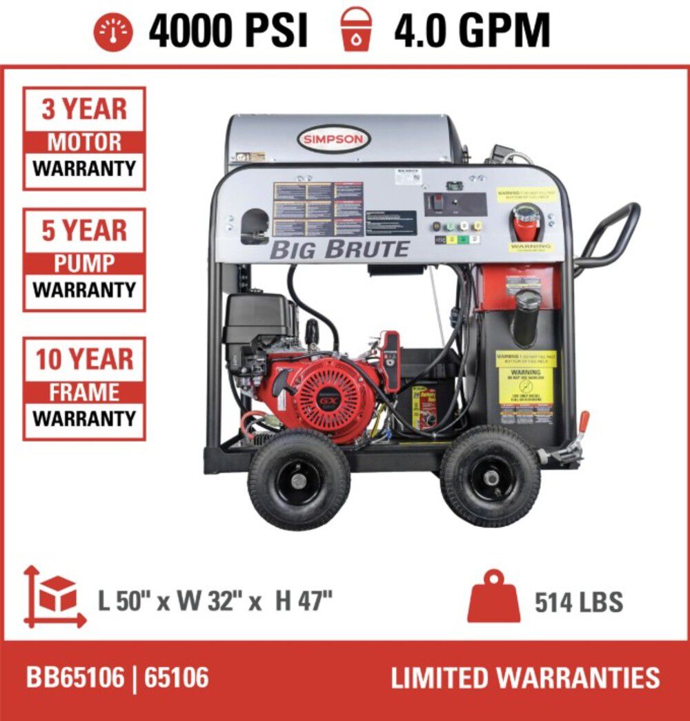Simpson Big Brute 4000 PSI 4.0 GPM Gas Powered Hot Water 49 State Commercial Pressure Washer with 4 Spray Tips, large image number 5