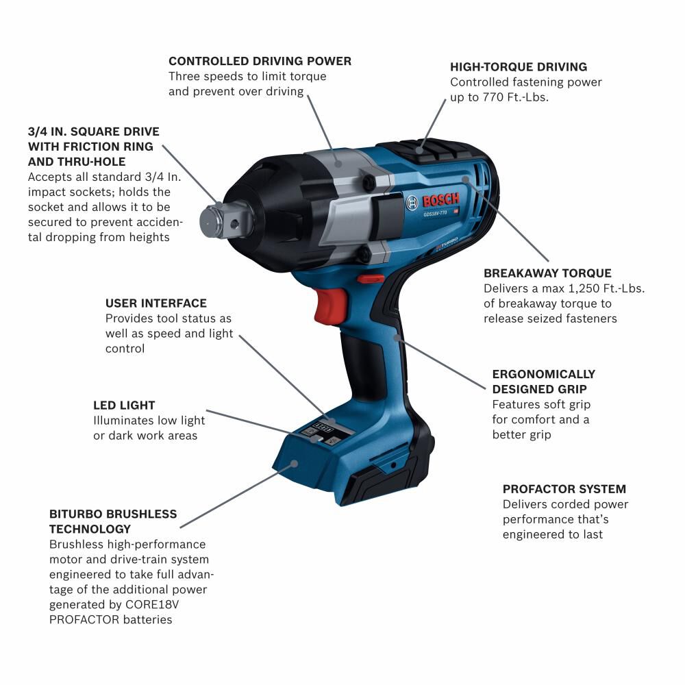 Bosch PROFACTOR 18V Impact Wrench 3/4in (Bare Tool) GDS18V770N Acme