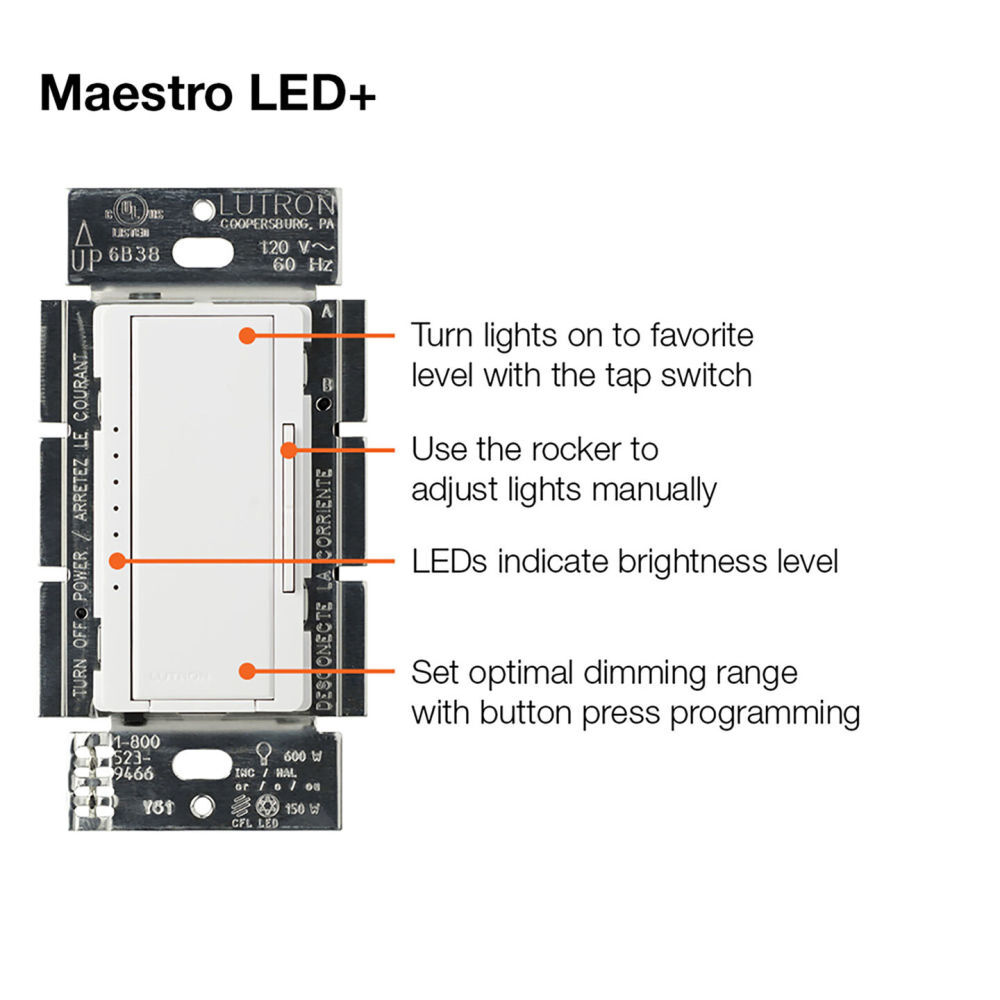 Lutron Maestro LED+ 120V 150W Gloss Ivory Decorator/Rocker Dimmer Switch, large image number 5