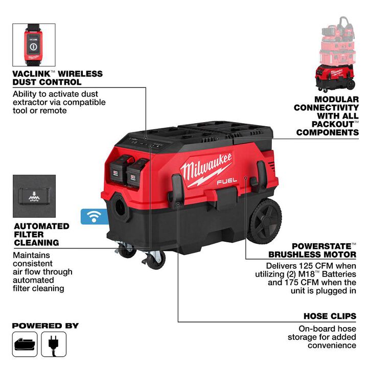 Milwaukee M18 FUEL 9 Gallon Dual Battery Dust Extractor w/ PACKOUT Compatibility and VACLINK Kit, large image number 3