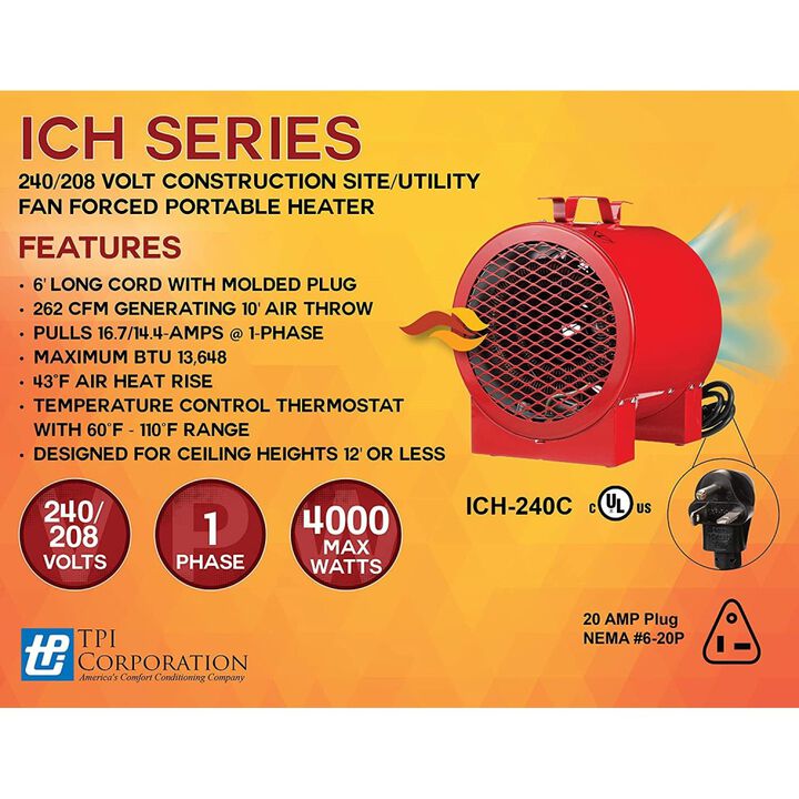TPI Corporation Heater 208V/240V 1 Phase 3000with 4000W Fan Forced Portable, large image number 5