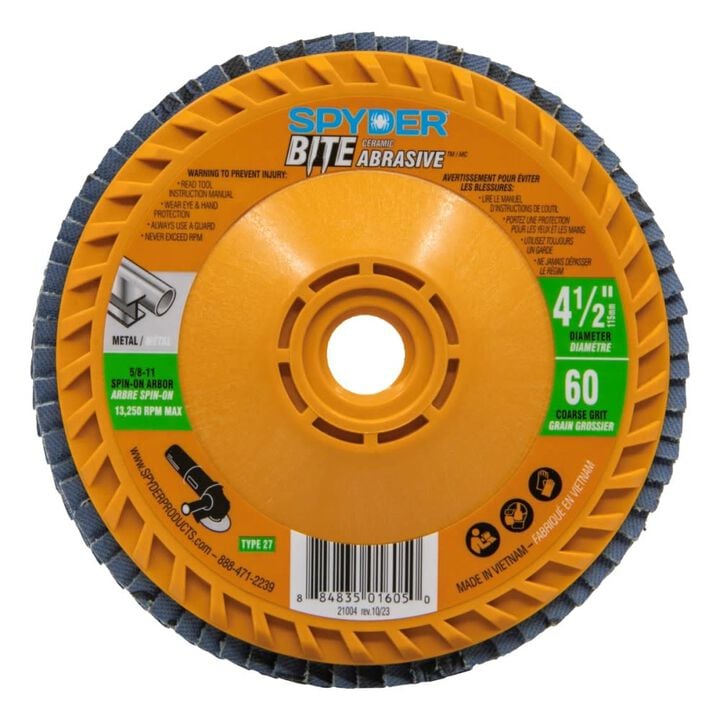 Spyder 4.5 Inch Ceramic Abrasive Flap Disk, 60 Grit, 5/8 Inch-11 Arbor Type 27
