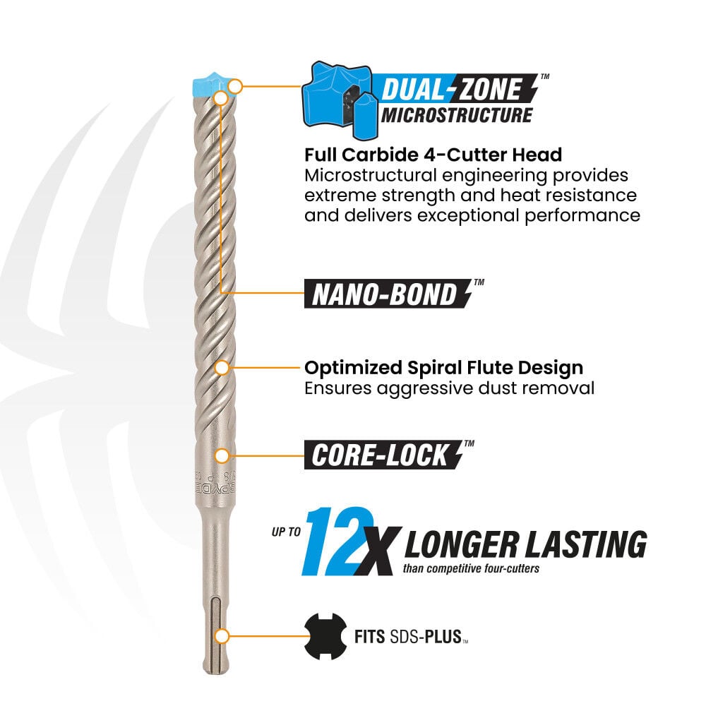 Spyder 5/8 Inch x 6 Inch SDS-Plus Hammer Drill Bit, 4 Full Carbide Cutter, large image number 2