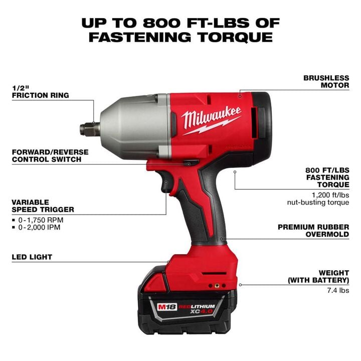 Milwaukee M18 Brushless 1/2 in High Torque Impact Wrench with Friction Ring Kit, large image number 2