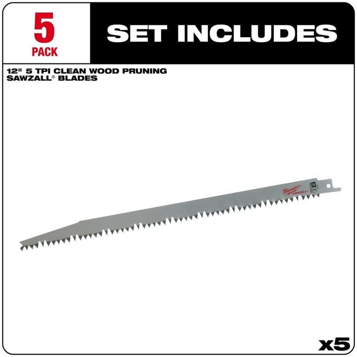 Milwaukee 12 in. 5 TPI Pruning SAWZALL Blades 5PK, large image number 1