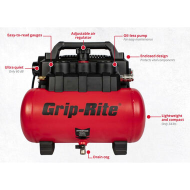 Grip Rite 1.5 Gallon Ultra Quiet Handy Carry Air Compressor, large image number 9