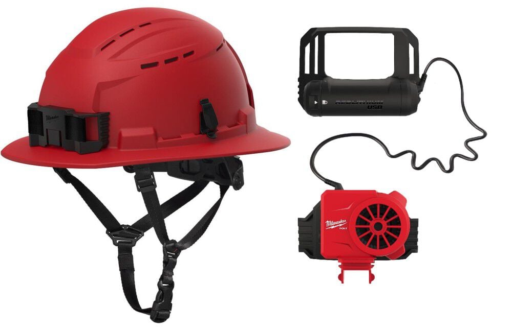 Milwaukee BOLT Red Full Brim Vented Safety Helmet Type 2 Class C & Cooling Fan Bundle, large image number 1