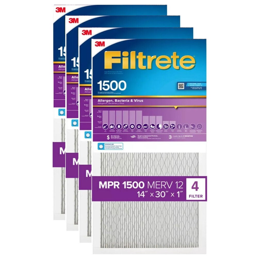 3M 14 Inch x 30 Inch 1500 MPR MERV 12 Allergen Air Filter – 4 Pack – 4314647-4 Pack