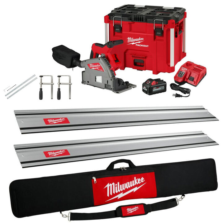 Milwaukee M18 6-1/2 Inch Plunge Track Saw Kit with 2 Rail, Clamps, Connector, and Bag Bundle
