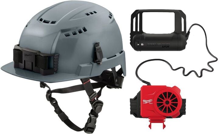 Milwaukee BOLT Gray Front Brim Vented Helmet Class C & Cooling Fan Bundle