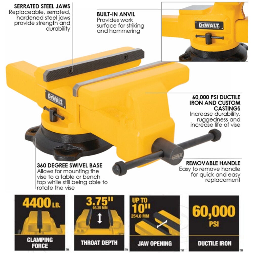 DEWALT 10 Inch Swivel Base Bench Vise with Anvil, large image number 5