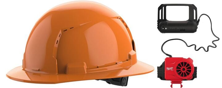 Milwaukee BOLT Orange Full Brim Vented Hard Hat with 6pt Ratcheting Suspension Type 1 Class C & USB Cooling Fan Bundle