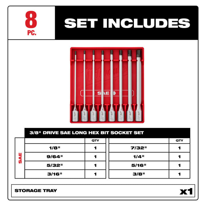 Milwaukee 3/8 Inch Drive Long Hex Bit Socket Set SAE 8 Pieces, large image number 3