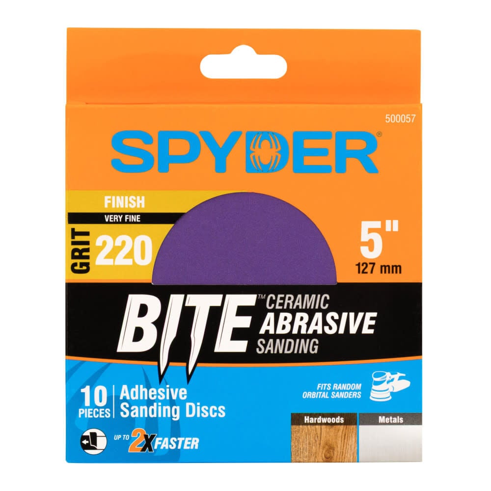 Spyder 220 Grit Ceramic Sanding Discs, 5 Inch Self Stick Adhesive PSA 10 Pieces - 500057