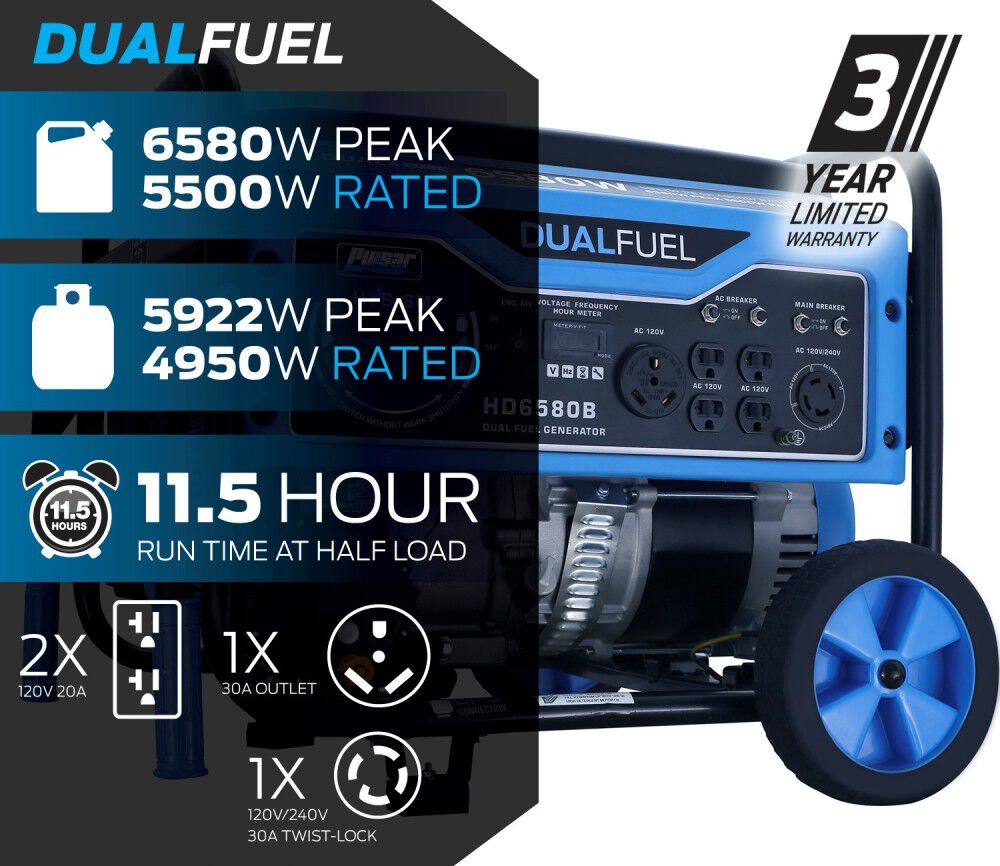 Pulsar Products Generator 6580 Watt Dual Fuel Portable HD6580B Acme Tools