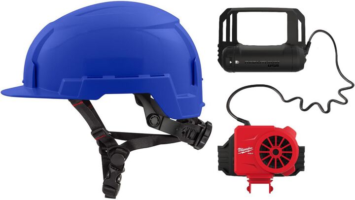 Milwaukee BOLT Blue Front Brim Helmet Class E & USB Cooling Fan Bundle, large image number 0