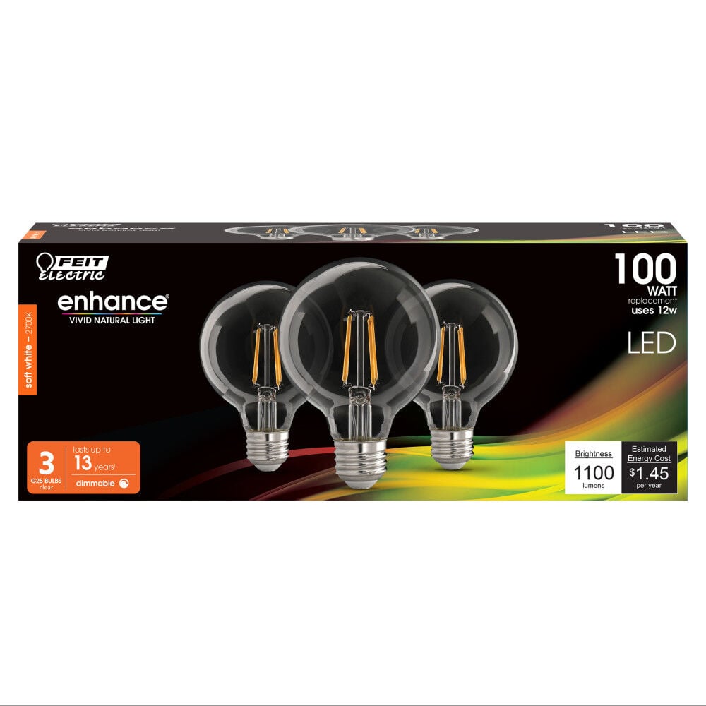 Feit Electric 100W G25 Soft White Filament LED Bulb 3pk, large image number 2