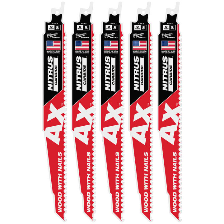 Milwaukee 9 Inch 5 TPI AX with NITRUS Carbide Teeth SAWZALL Blade for Wood with Nails 5 Pieces