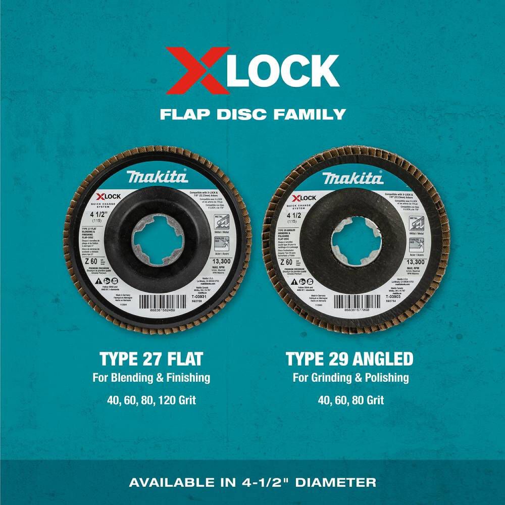 Makita X-LOCK 4 1/2in Angled Grinding and Polishing Flap Disc X-LOCK and All 7/8in Arbor Grinders 60 Grit Type 29 3pk, large image number 3