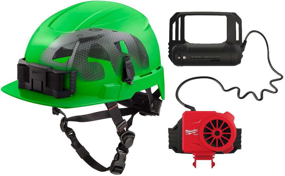Milwaukee BOLT Green Front Brim Safety Helmet with IMPACT ARMOR Liner Type 2 Class E & USB Cooling Fan Bundle - MIL000011819
