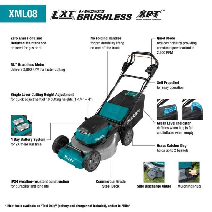 Makita 18V X2 (36V) LXT LithiumIon Brushless Cordless 21in Self Propelled Lawn Mower Kit with 4 Batteries (5.0Ah), large image number 2