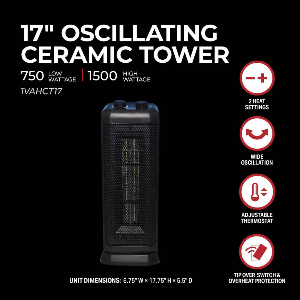VisionAir 17 In. 750/1500W 5120 Btu 160 Sq-Ft. Oscillating Ceramic Heater, large image number 5