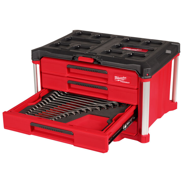 Milwaukee Metric and SAE Combination Wrench Set with PACKOUT 4 Drawer Tool Box, 60 Pieces