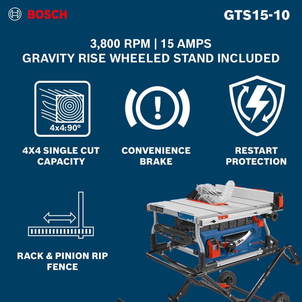 Bosch 10in Jobsite Table Saw with Gravity-Rise Wheeled Stand, large image number 13