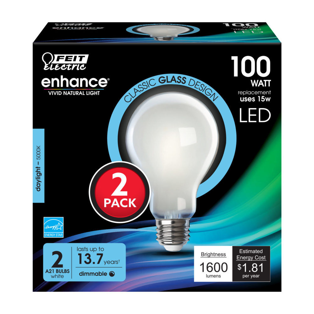 Feit Electric 100W A21 5000K Enhance Filament LED Bulb 2pk, large image number 2