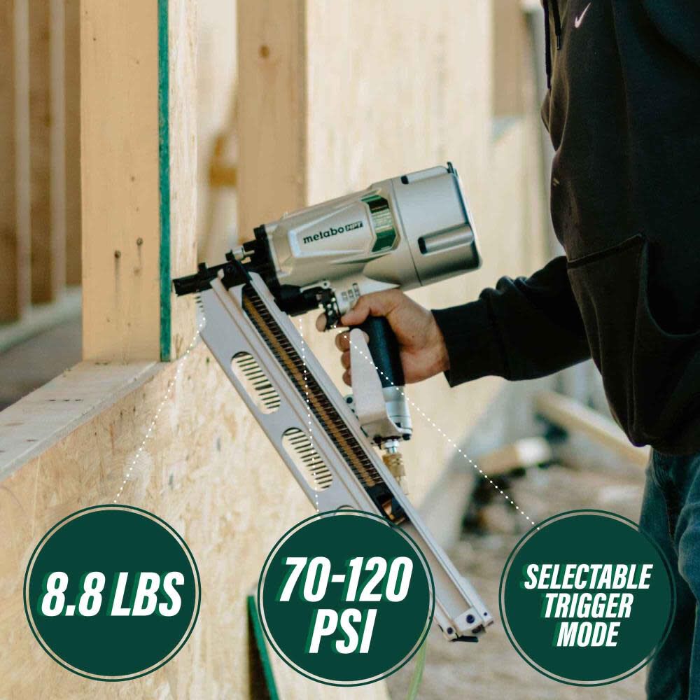 Metabo HPT 3 1/4in 21 Degree Pneumatic Framing Nailer with Depth Adjustment & Aluminum Magazine
