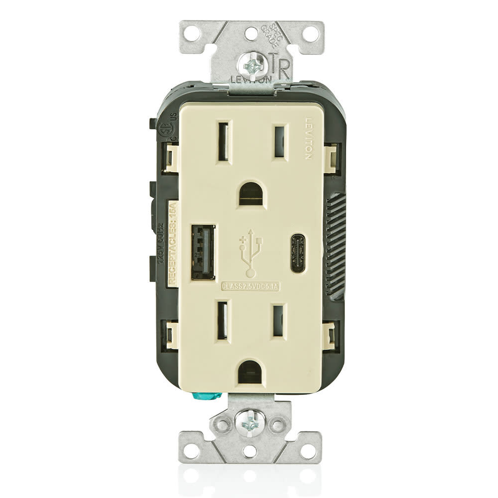 Leviton 15A 125V 5-15R Ivory Outlet with USB Type A/C Charger