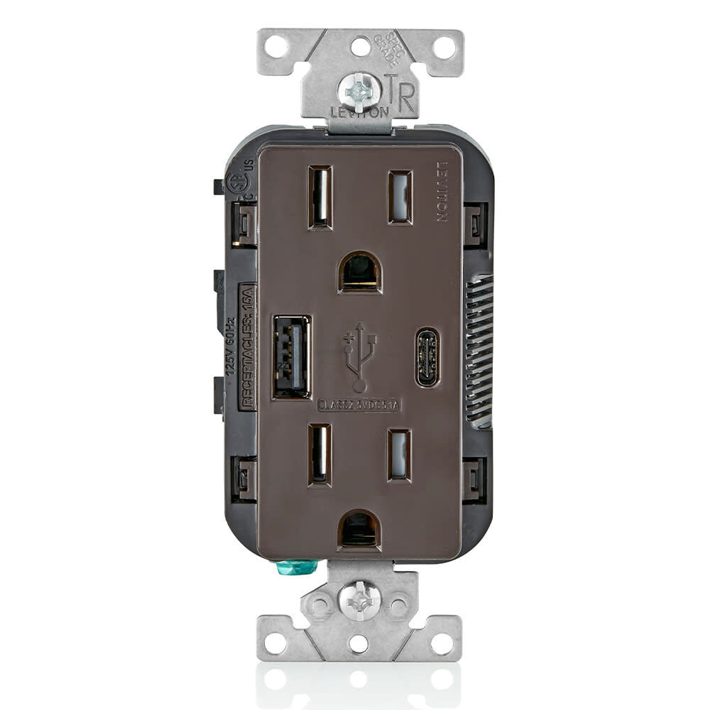 Leviton Outlet with USB Type A/C Charger 15A 125V 5-15R Brown