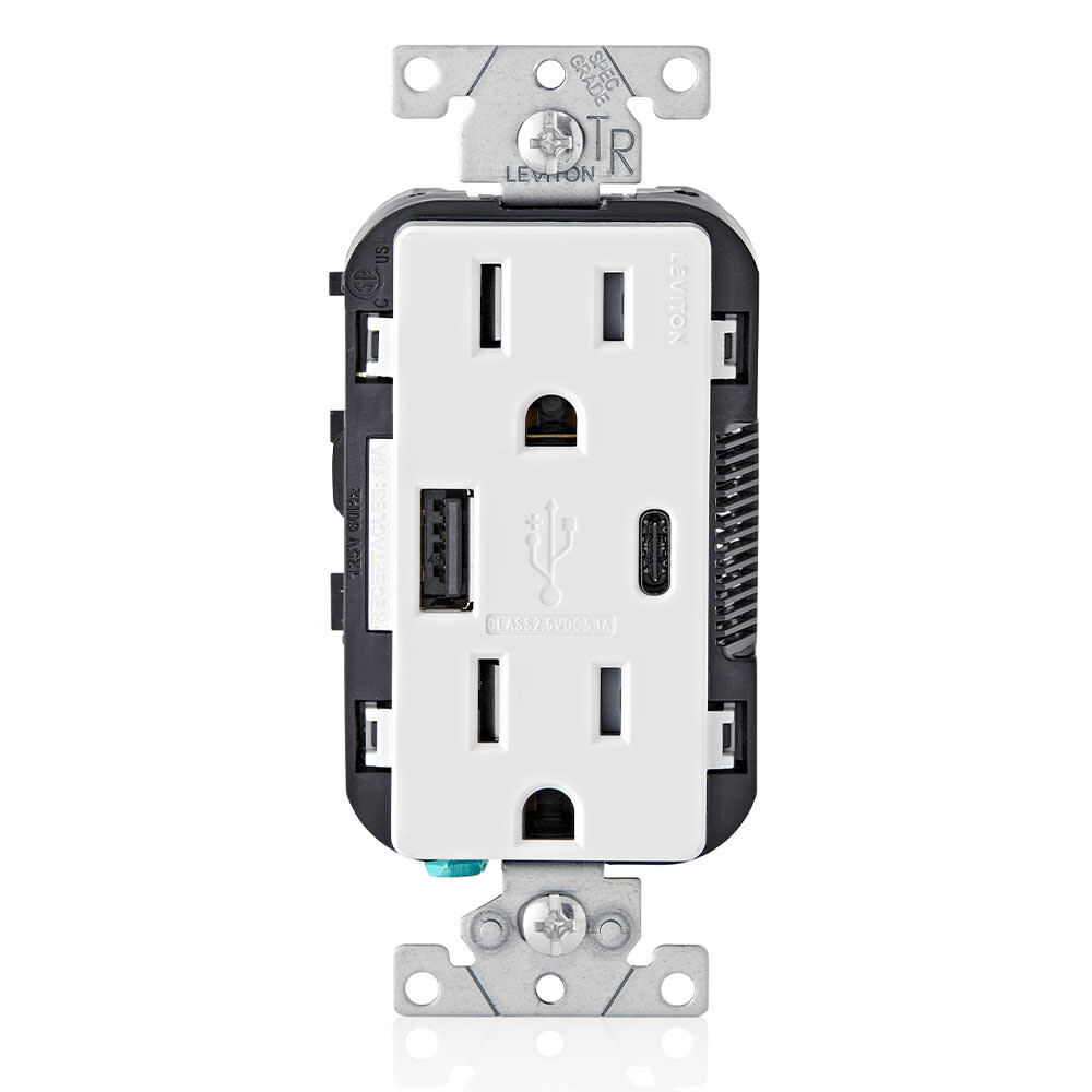 Leviton Outlet with USB Type A/C Charger 15A 125V 5-15R White