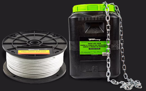 Forney Industries Wire Rope 1/8in 3/16in x 250' Vinyl Coated and Forney Industries Bucket of Chain, Grade 30 (G30) Proof Coil Chain, Zinc-Plated, 3/16 Inch x 250 Ft.