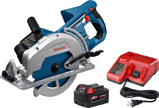 Bosch Profactor 18V 7.25 Inch Rear Handle Circular Saw and Milwaukee M18 Red Lithium XC 5.0Ah Battery and Charger Starter Kit